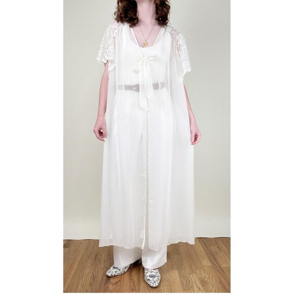 Vintage Lace Sheer Mesh Robe Duster Jacket Cape Slip Pajamas House Coat Sexy PJs - Picture 3 of 16